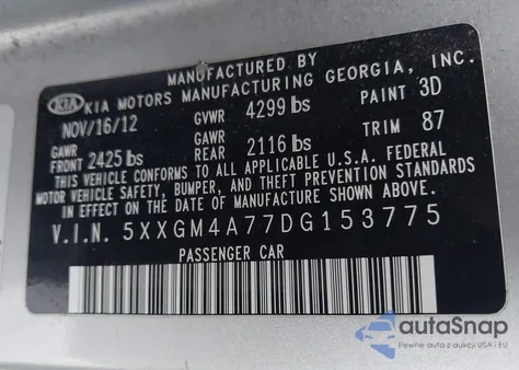 2013 Kia Optima Lx из США, поврежденный, VIN 5XXGM4A77DG153775